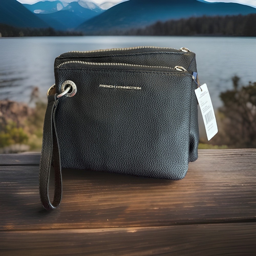 NWT French Connection Lara Pebble Double Slim‎ Pouches Wristlet Black FCHWH24210